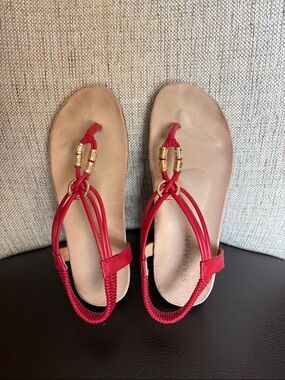 Red Leather Thong Sandals with Gold Accents - Women